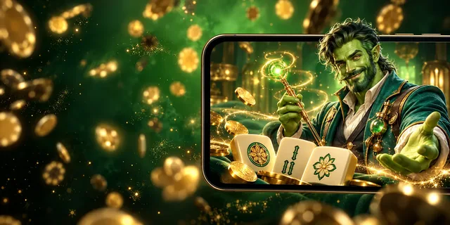 Ilustrasi tokoh fantasi hijau dengan ubin mahjong dan bingkai ponsel bernuansa emas.